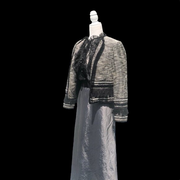 H&M Black White Tweed Open Front Collarless Short Jacket Fringe Accents Sz 8 NEW - Picture 5 of 6